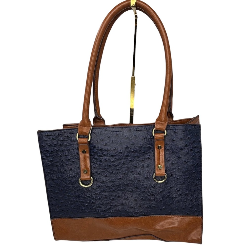 Navy Blue Ostrich Embossed Faux Leather Tote Bag Tan Trim Shoulder Purse